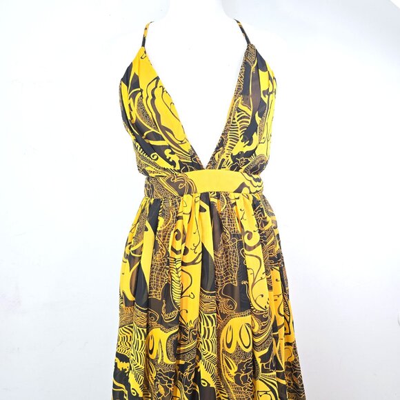 NWT Fashion Nova Yellow Black That Time of Day Deep V Maxi Flowy LOw Back Dress - Picture 3 of 11